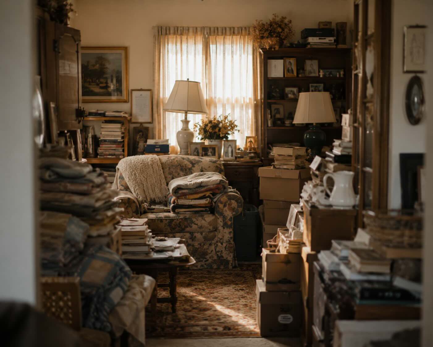 A family living room filled with a lifetime of furniture, books, and belongings