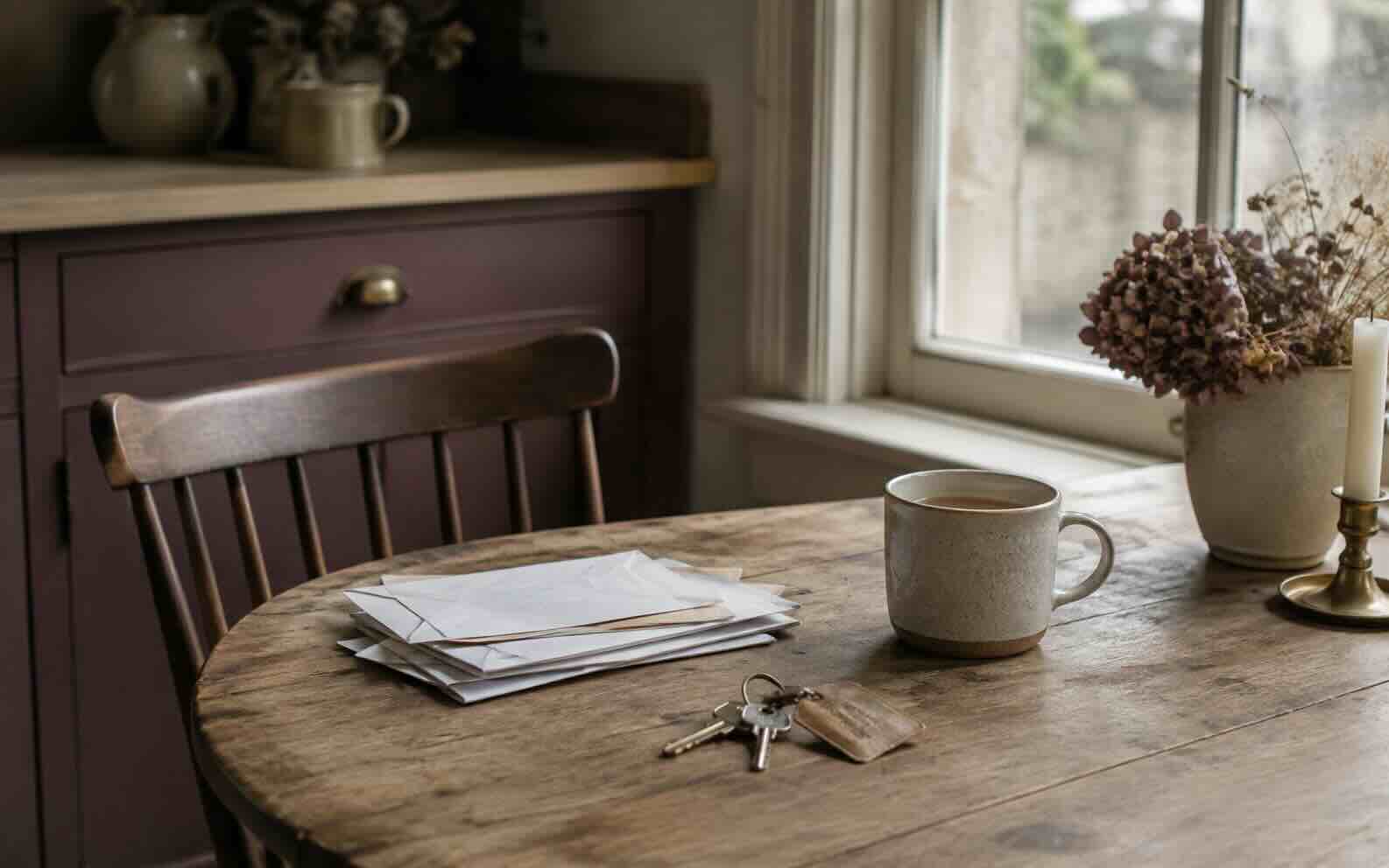 A stack of unopened mail and a set of house keys on a wooden kitchen table beside a cold cup of tea