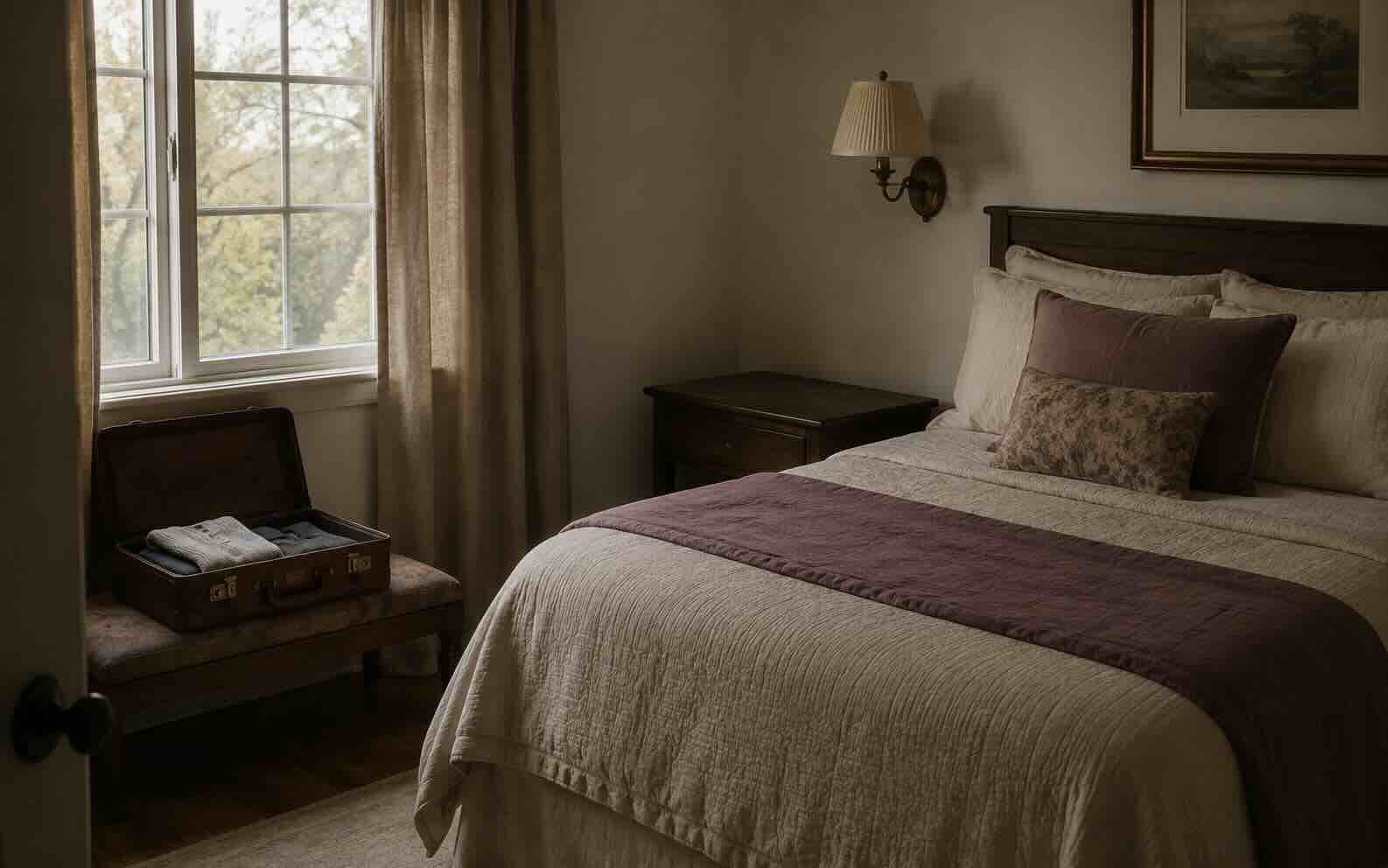 A neatly made bed in a quiet bedroom with an open suitcase resting on a bench by the window