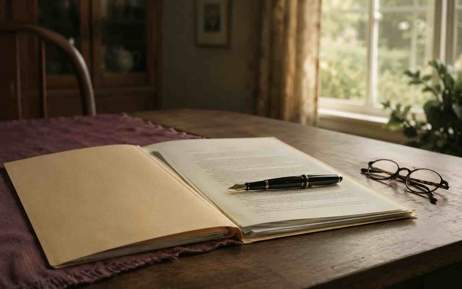 An open manila folder of legal documents with a fountain pen resting on the page and reading glasses beside it