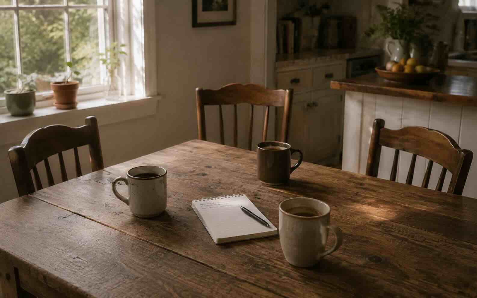 Three empty chairs around a kitchen table with coffee mugs at different levels and a notepad in the middle