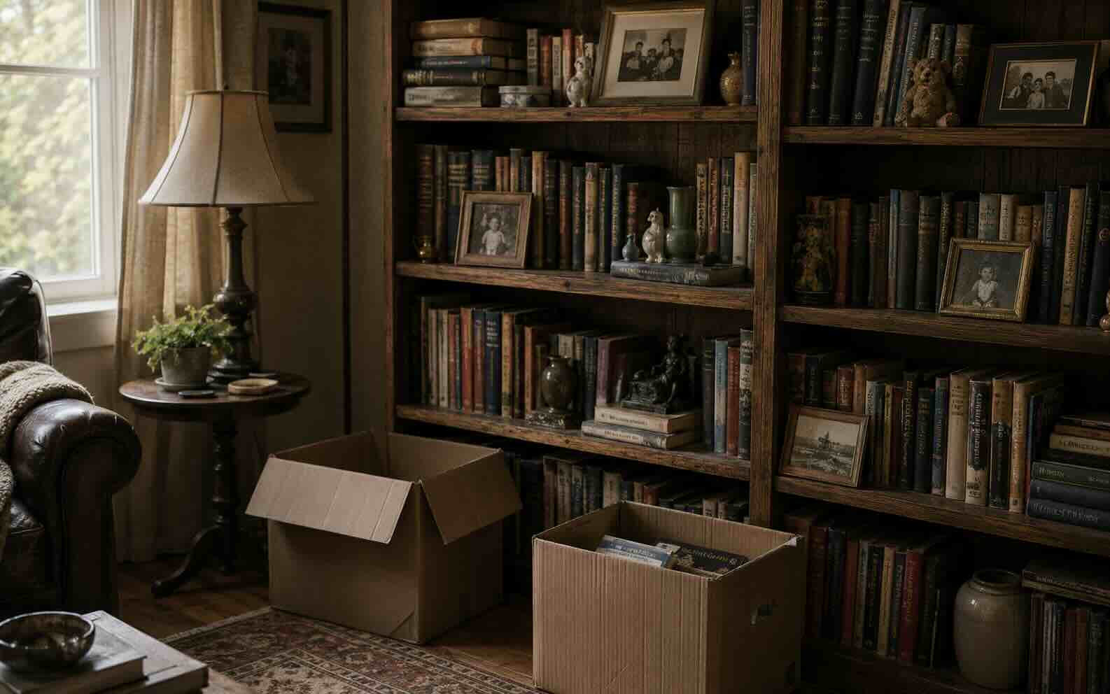 A living room bookshelf packed with worn books, framed family photographs, and keepsakes, with two cardboard boxes on the floor